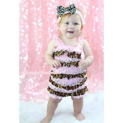 Light Pink & Leopard Petti Romper with Light Pink Bow & Straps LR190